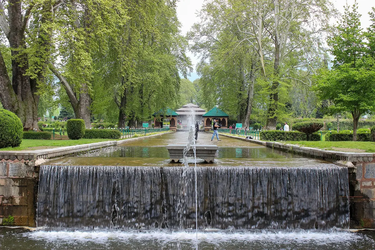 A stepped water cascade and fountain in Shalimar Bagh, Srinagar