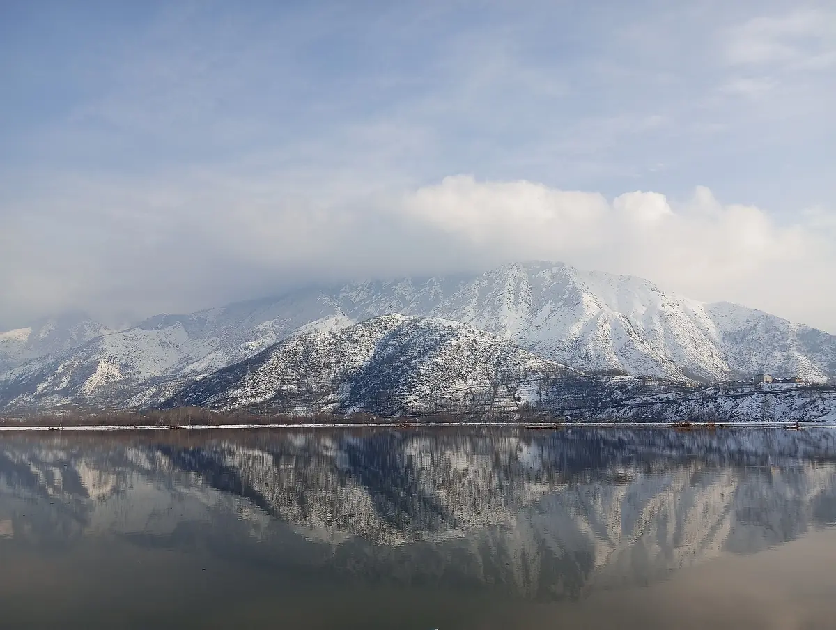Snow-capped mountains reflected in Wular Lake